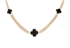 10K Yellow Gold Onyx Flowers Pendant Necklace