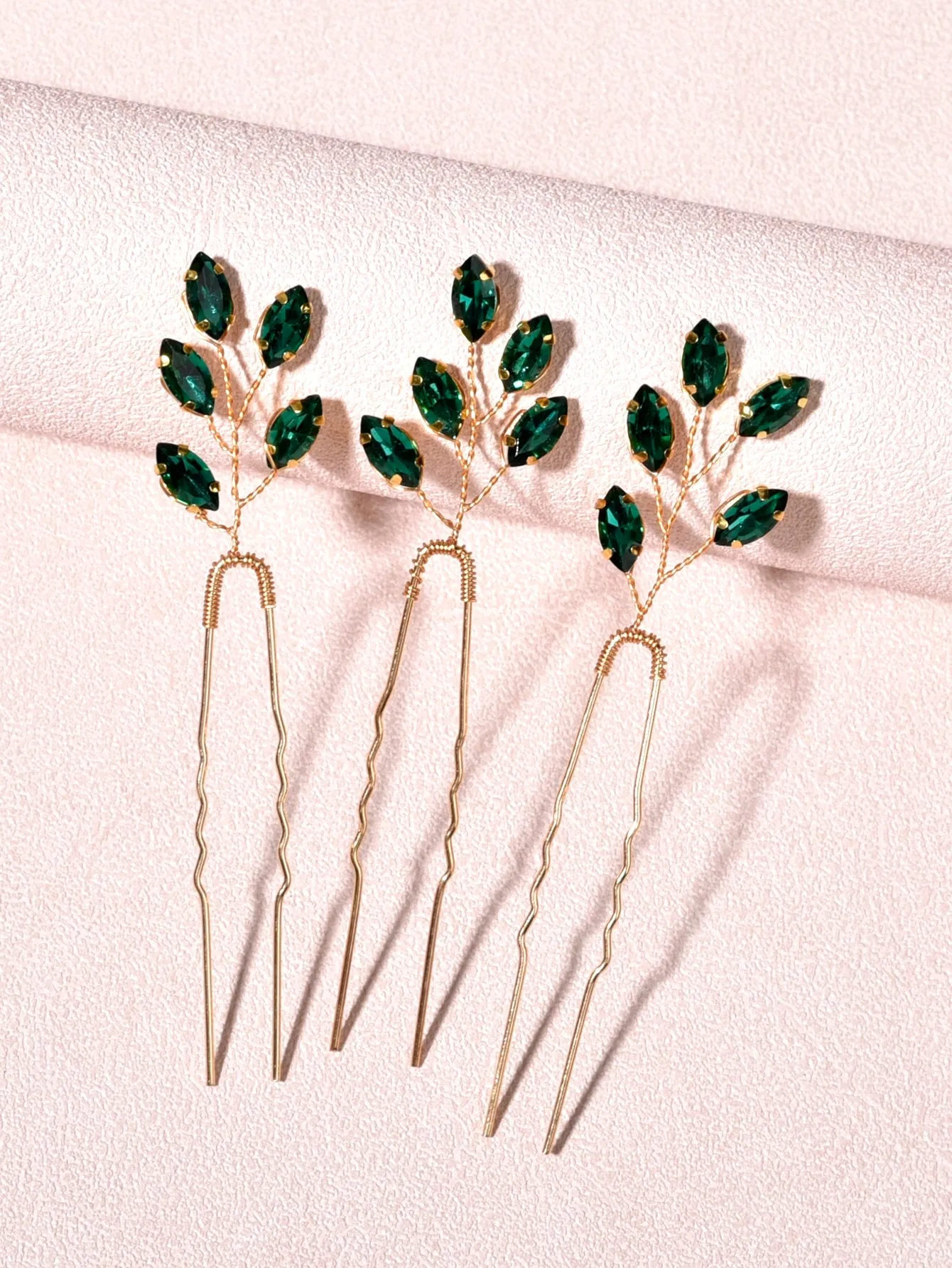 3pcs Rhinestone Decor Green Hair Pin for Women Barrette Styling Hair Accessories