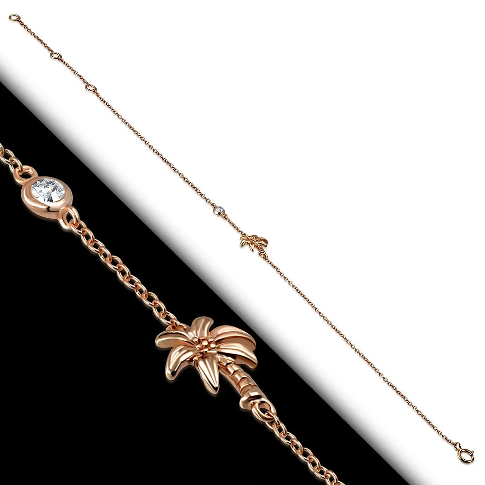 925 Sterling Silver Rose Gold-Tone Bezel-Set CZ Palm Tree Anklet Bracelet