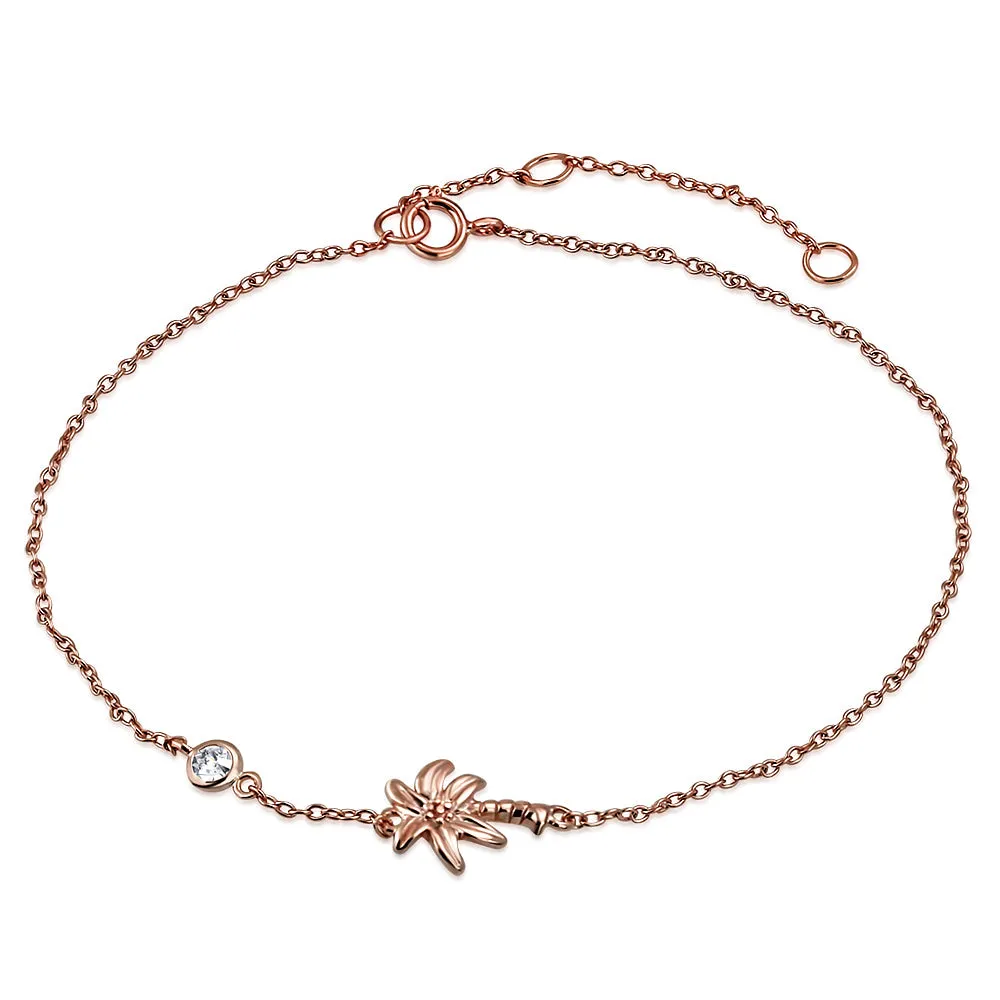 925 Sterling Silver Rose Gold-Tone Bezel-Set CZ Palm Tree Anklet Bracelet