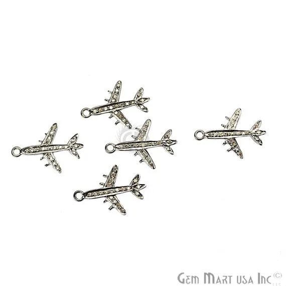 Airplane Shape 19x14mm Diamond Pave Charms Single Bail Sterling Silver Bracelet Pendant