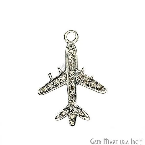 Airplane Shape 19x14mm Diamond Pave Charms Single Bail Sterling Silver Bracelet Pendant