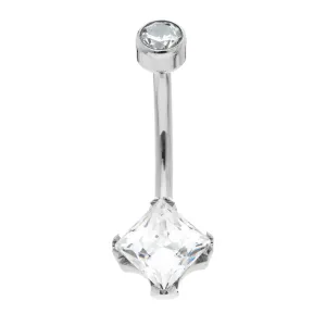 Anatometal Princess-cut Navel Bar in Titanium with Clear Swarovski Gems