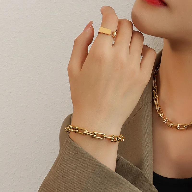 Color: Golden, style: Bracelet-15plus 5cm, Size:  - Horseshoe Buckle U-shaped Bracelet Earrings