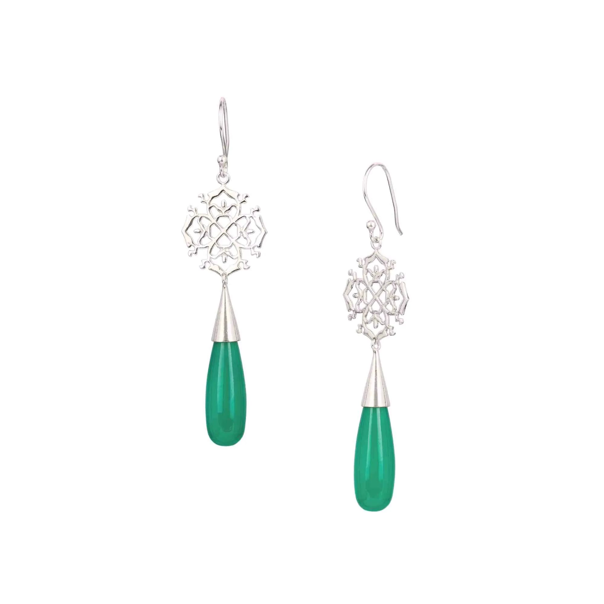 Dew Drops Filigree & Green Onyx Drop Statement Earrings Silver