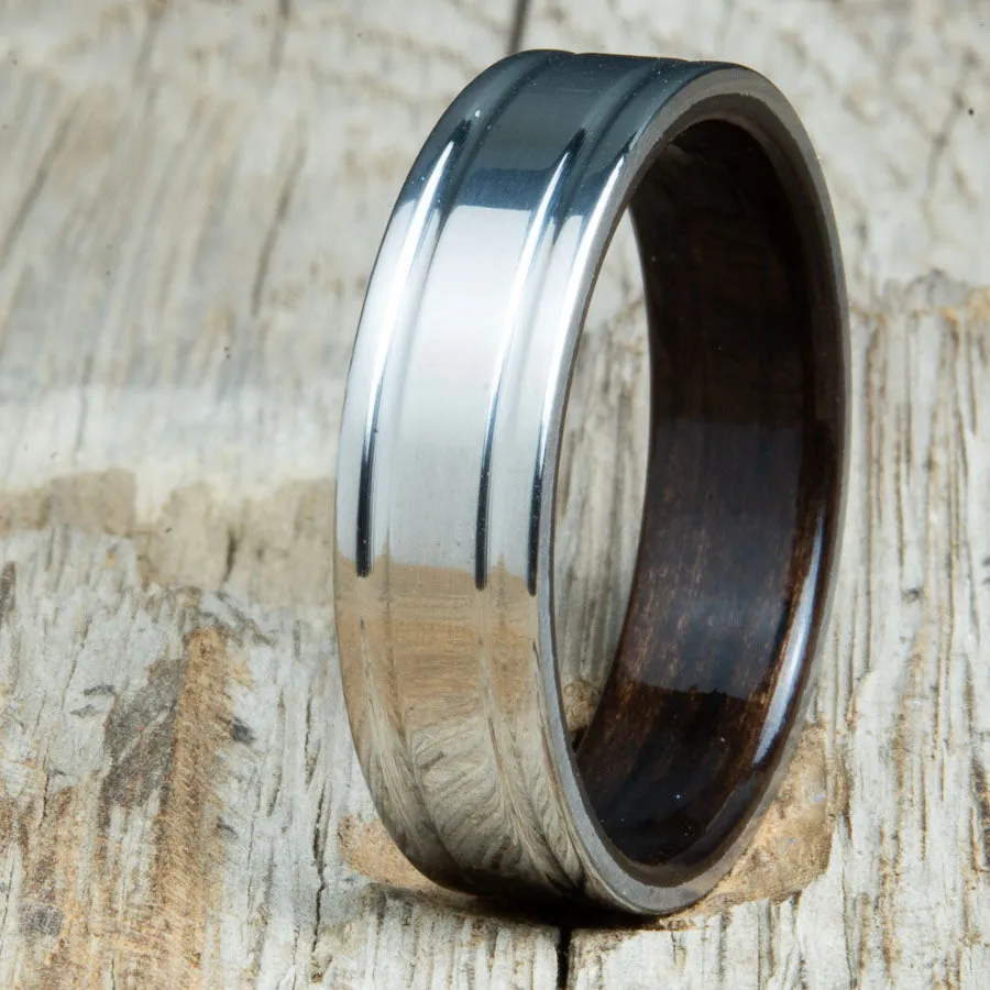 Double groove polished titanium Ebony wood ring