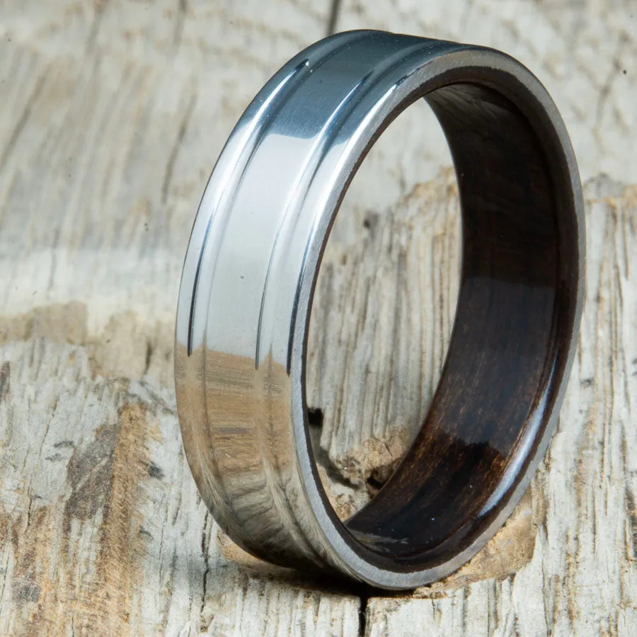 Double groove polished titanium Ebony wood ring