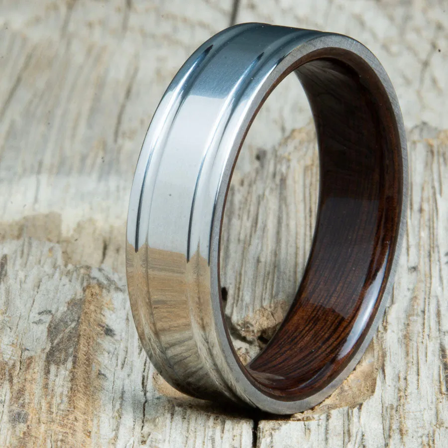 Double groove polished titanium Rosewood wood ring