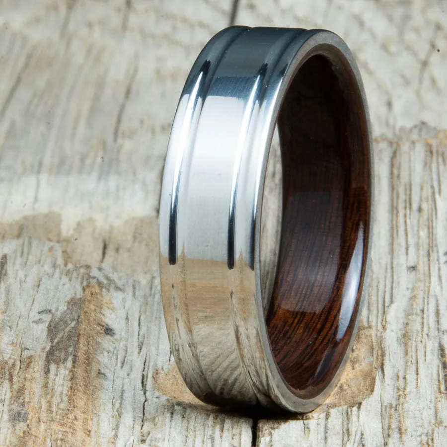Double groove polished titanium Rosewood wood ring