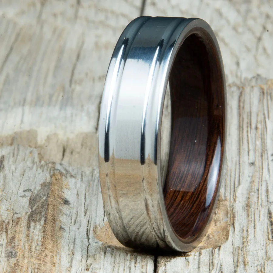 Double groove polished titanium Rosewood wood ring