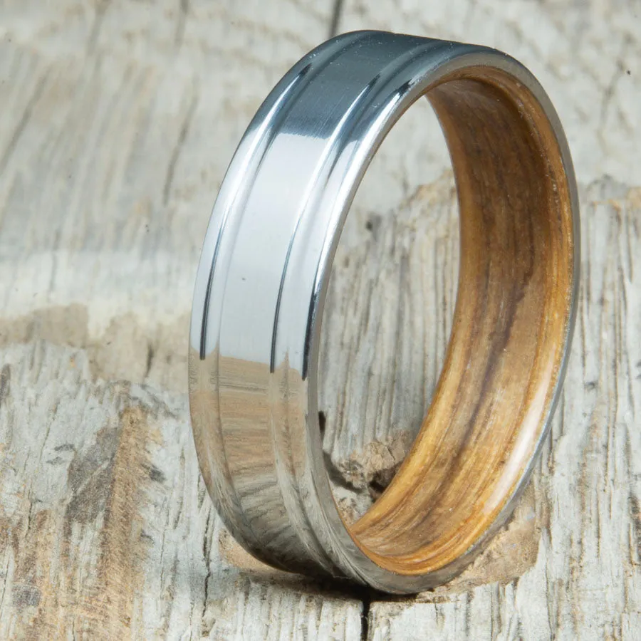 Double groove polished titanium Whiskey barrel wood ring