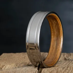 Double groove polished titanium Whiskey barrel wood ring