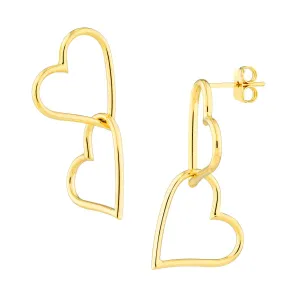 Double Open Heart Dangle Earrings - 14K Yellow Gold - by Dazyle