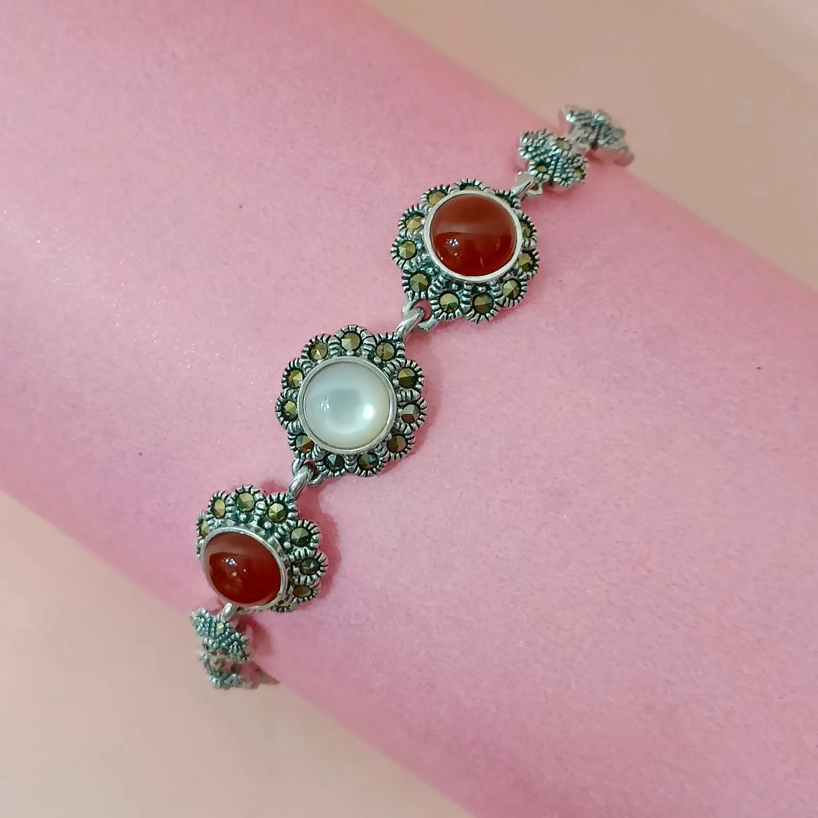 Marcasite Onyx Opal Silver Bracelet