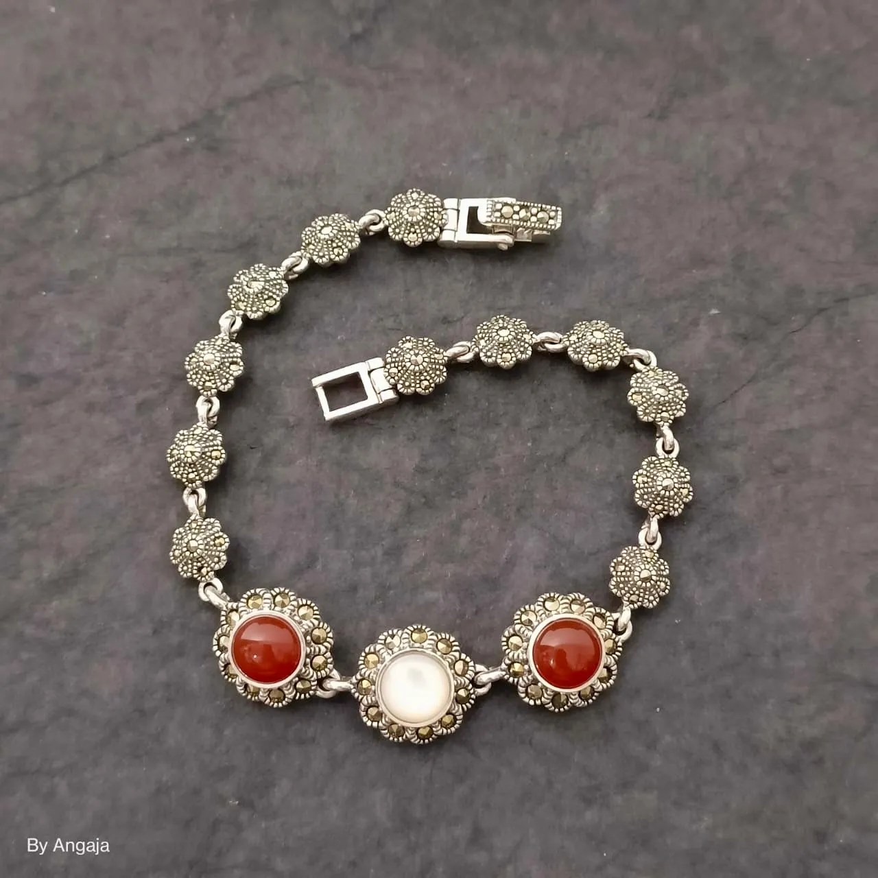 Marcasite Onyx Opal Silver Bracelet