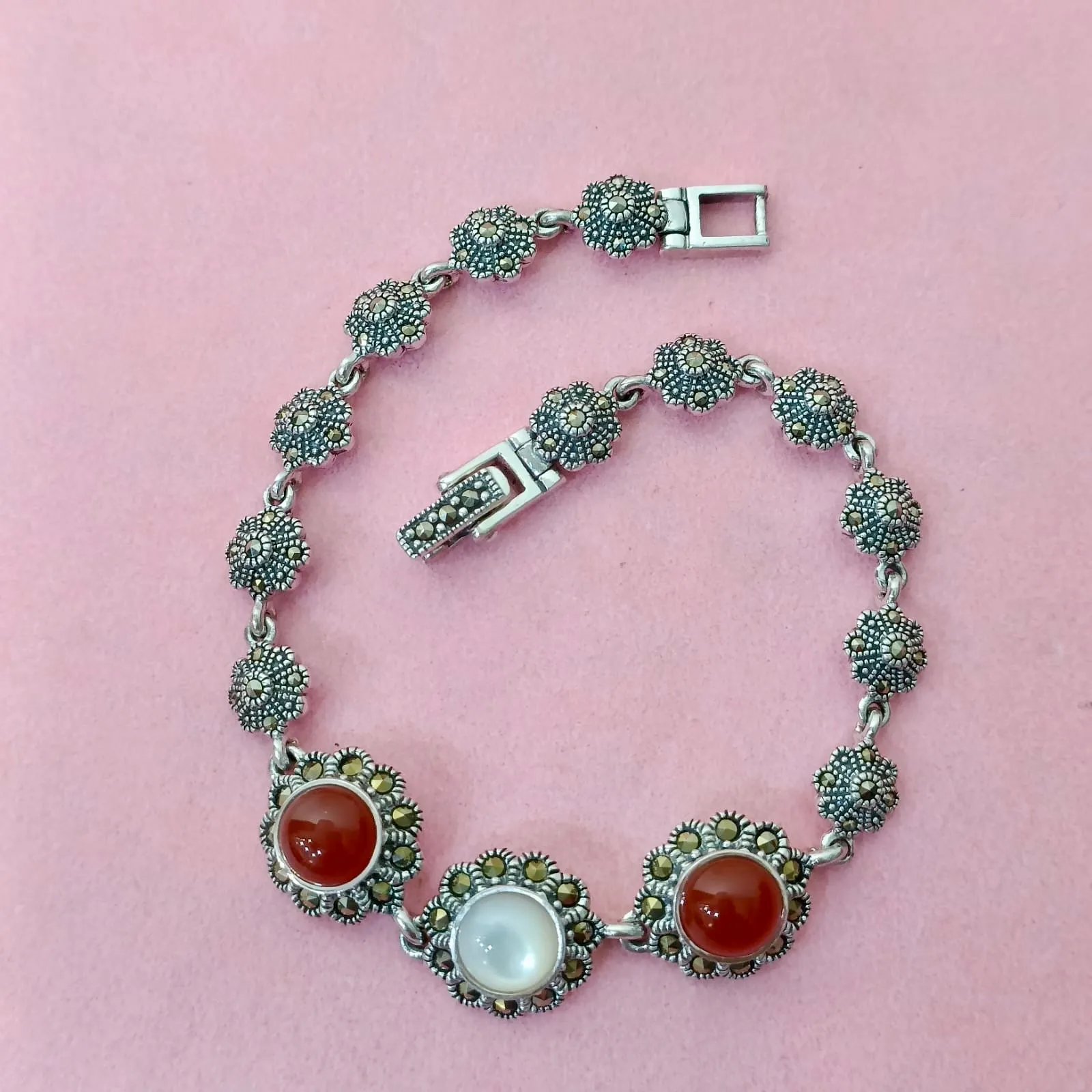 Marcasite Onyx Opal Silver Bracelet