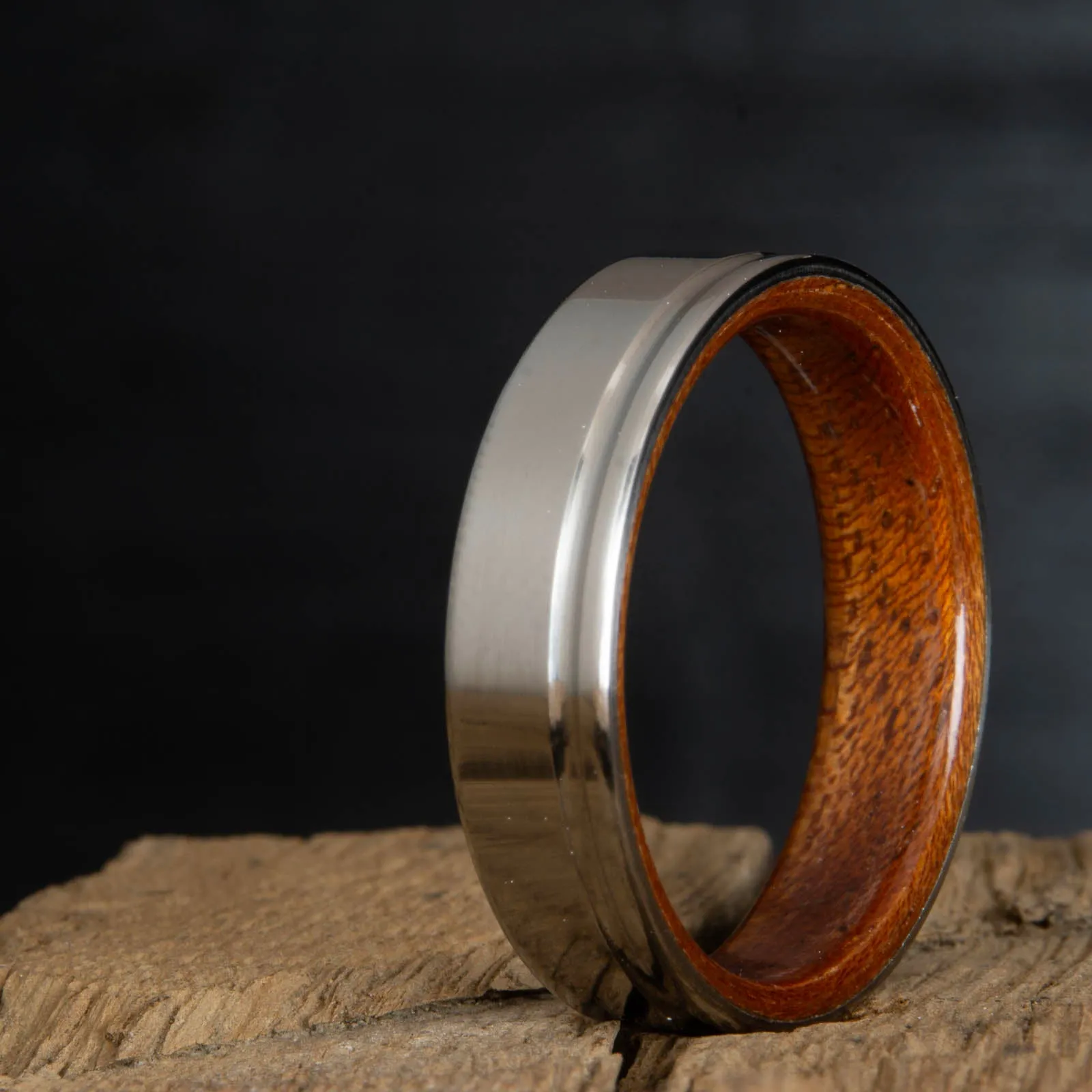 single groove satin titanium ring with Acacia