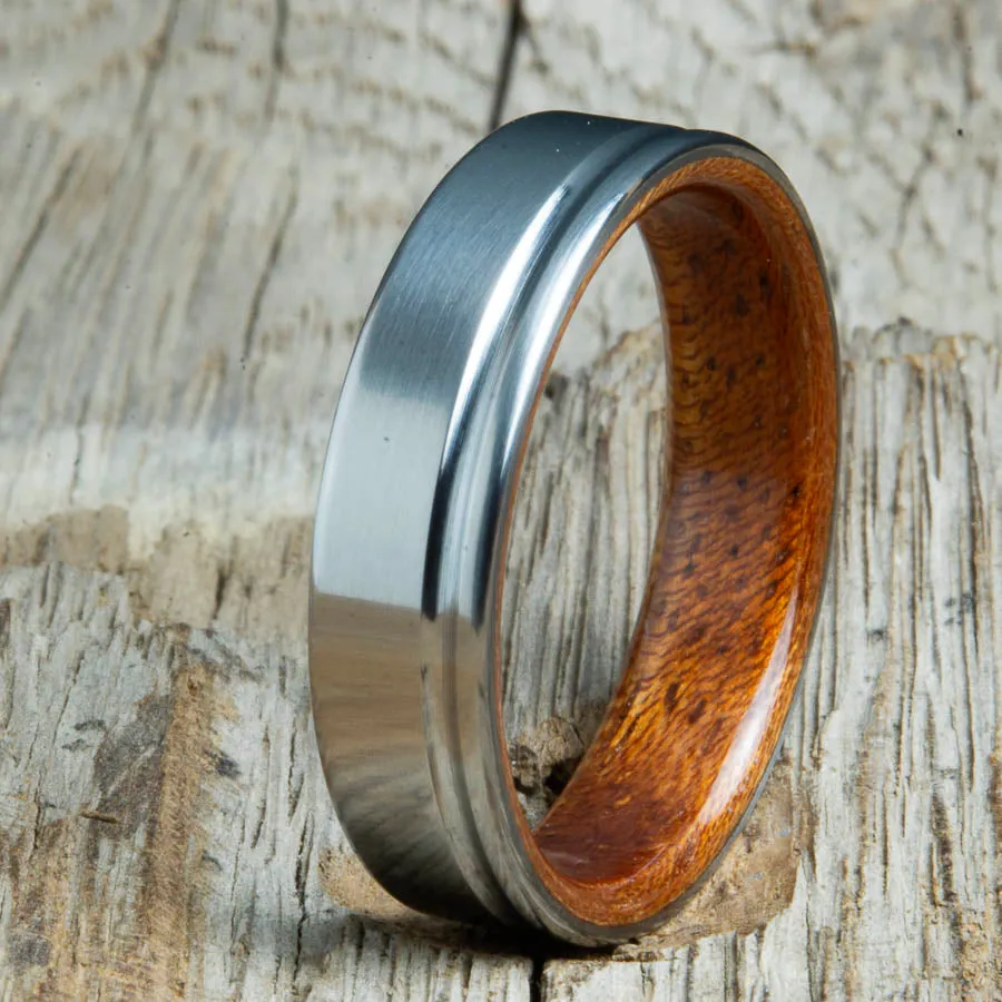 single groove satin titanium ring with Acacia