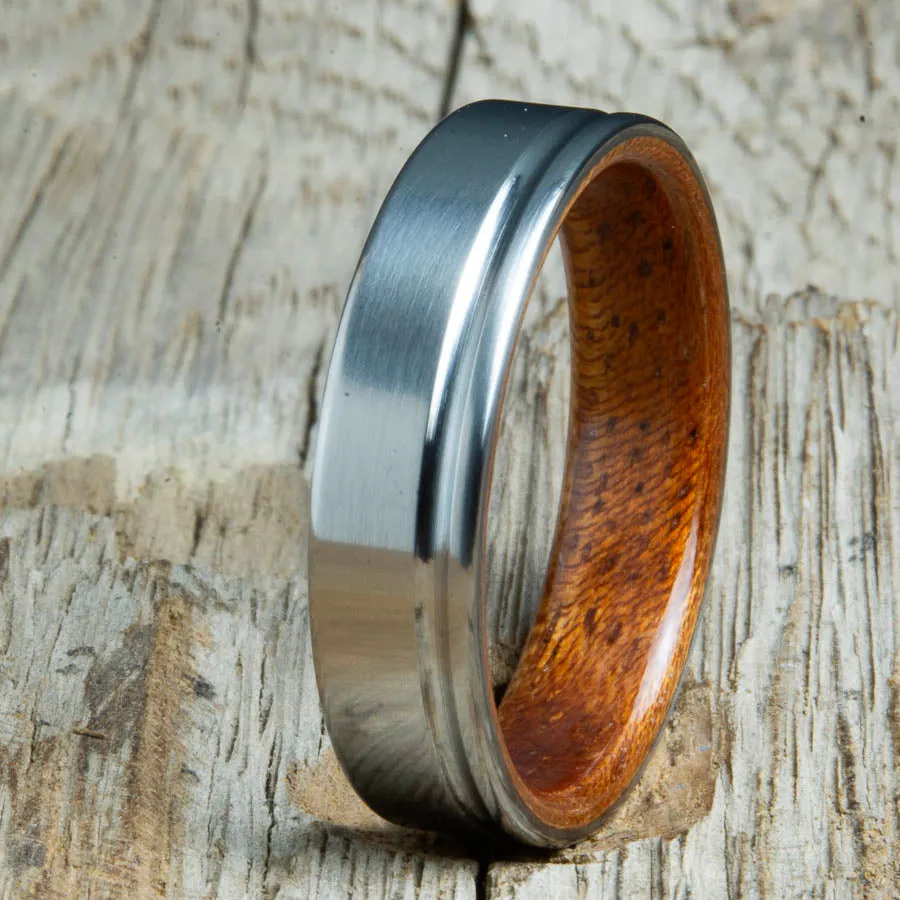 single groove satin titanium ring with Acacia