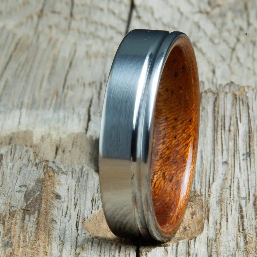single groove satin titanium ring with Acacia