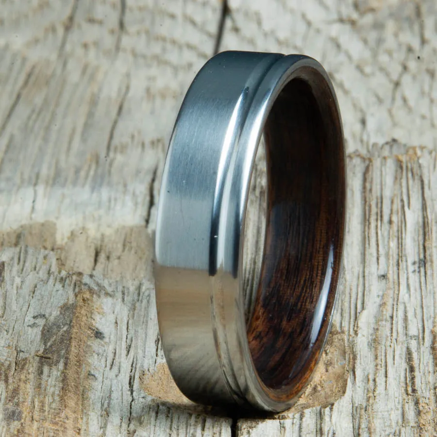 Single groove satin titanium ring with Ebony wood