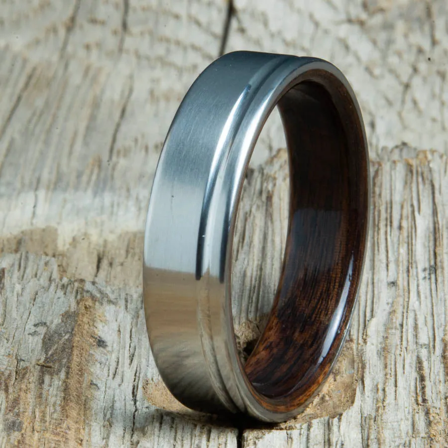 Single groove satin titanium ring with Ebony wood