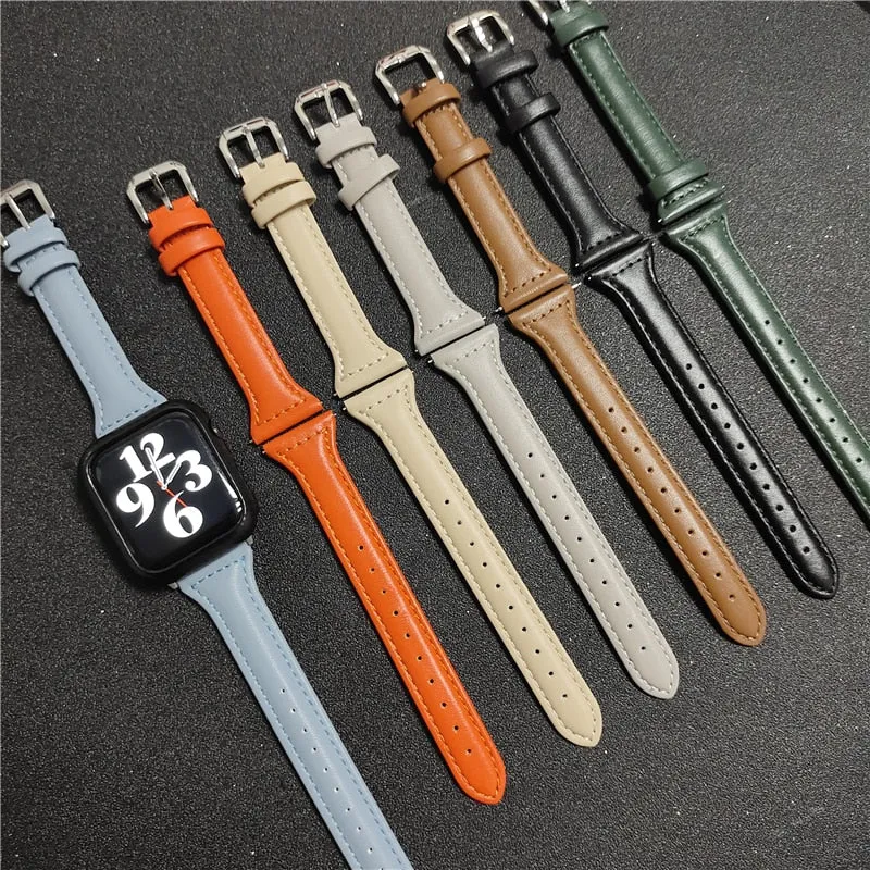 Slim Leather Strap For Apple Watch Band Series 7 6 5 4 Premium Leather Correa Bracelet iWatch 38/40/41mm 42/44/45mm Wristband |Watchbands|