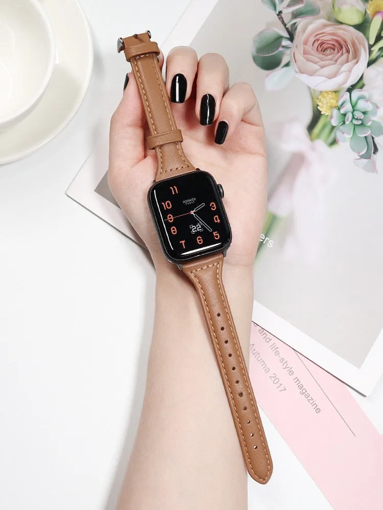 Slim Leather Strap For Apple Watch Band Series 7 6 5 4 Premium Leather Correa Bracelet iWatch 38/40/41mm 42/44/45mm Wristband |Watchbands|
