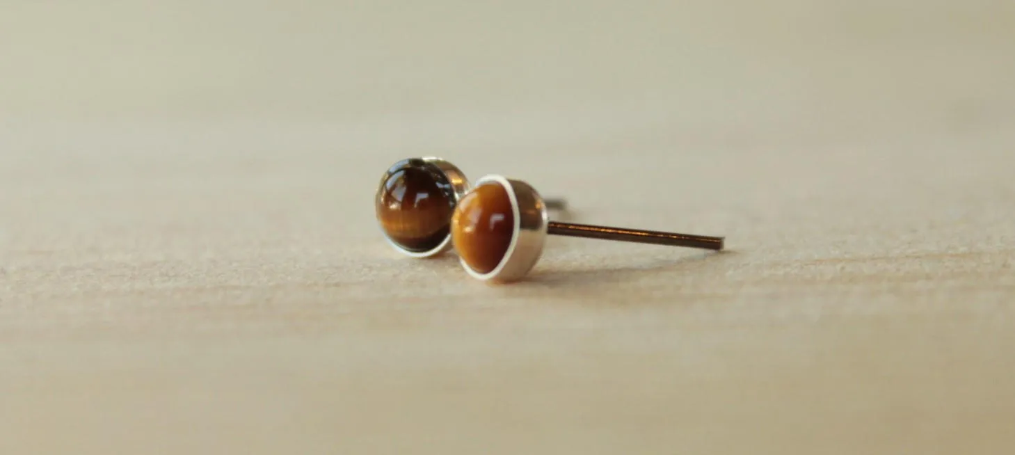 TigerEye Bezel Gemstones Medium Size (Niobium or Titanium Stud Earrings)