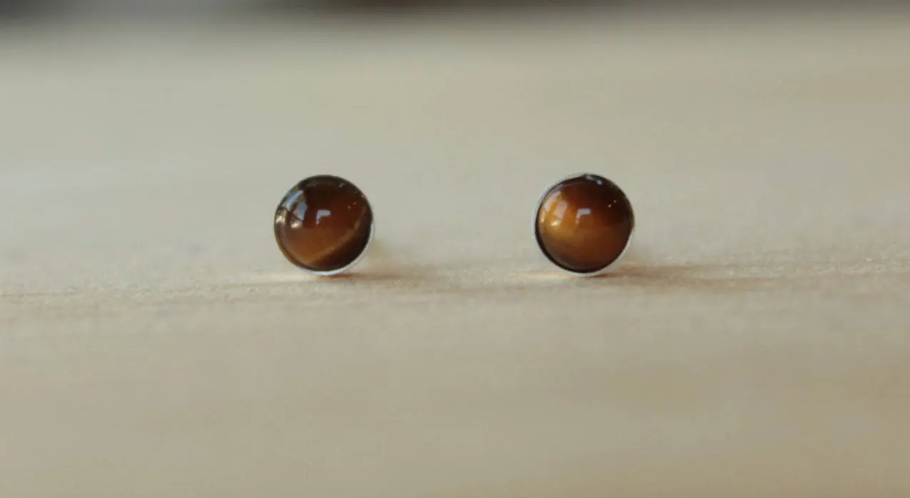 TigerEye Bezel Gemstones Medium Size (Niobium or Titanium Stud Earrings)