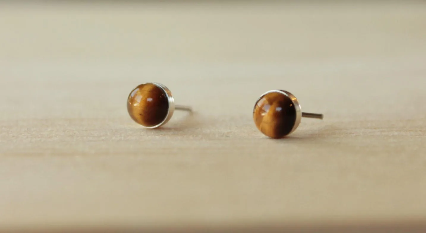 Tiger's Eye Bezel Gemstones, Large (Niobium or Titanium Post Earrings)