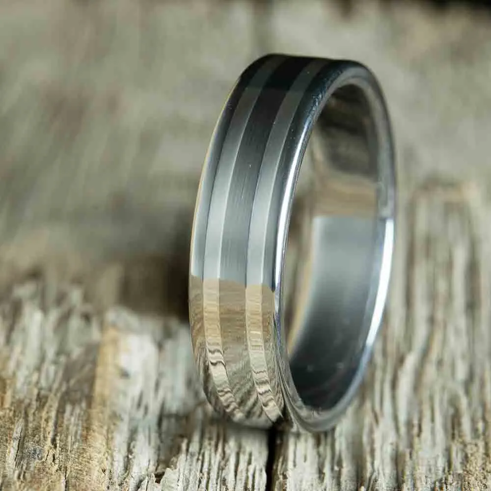 Titanium ring with twin silver pinstripes