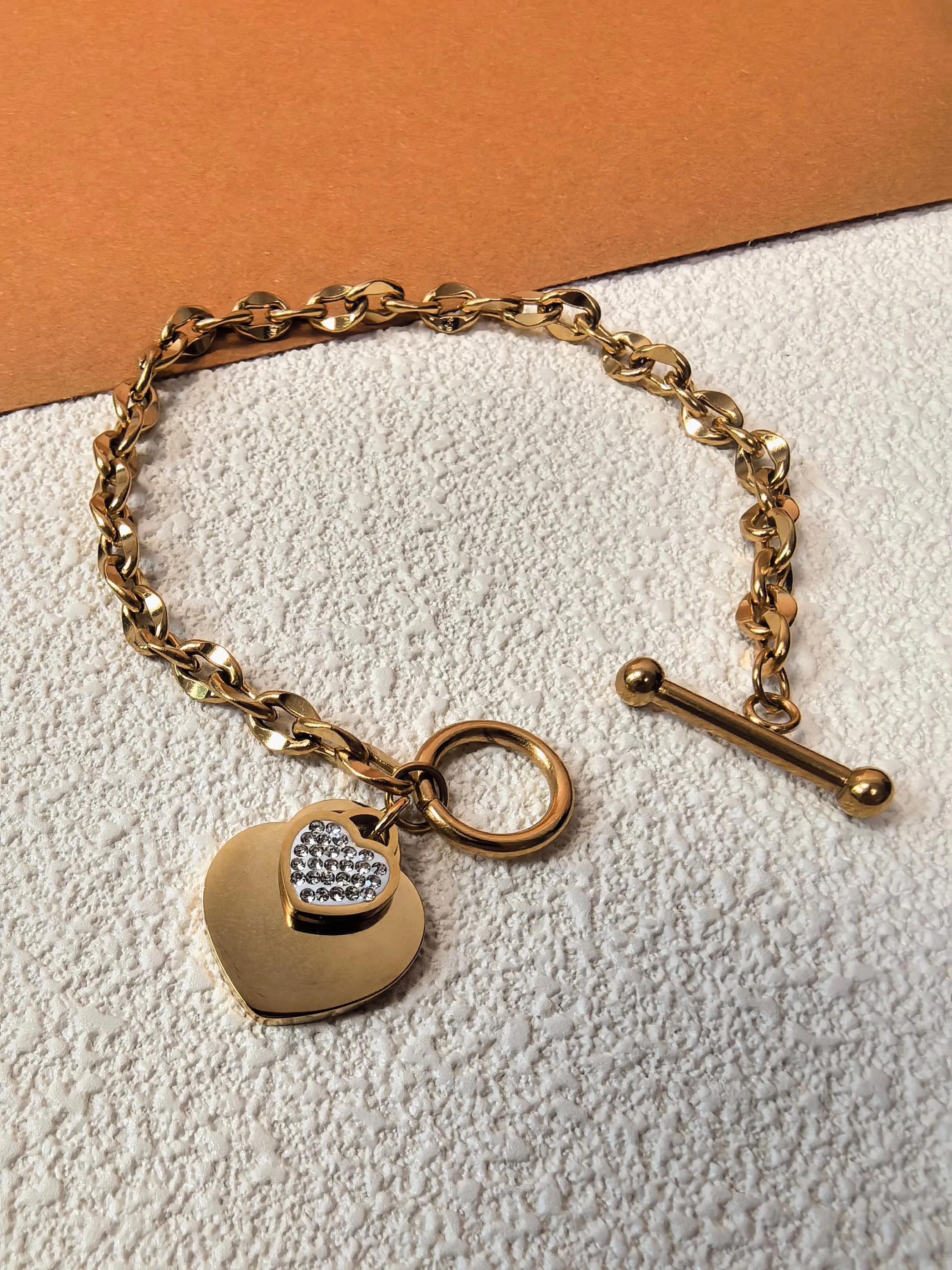 Titanium Steel Chain Link Rhinestone Love Heart Charm Toggle Bracelet