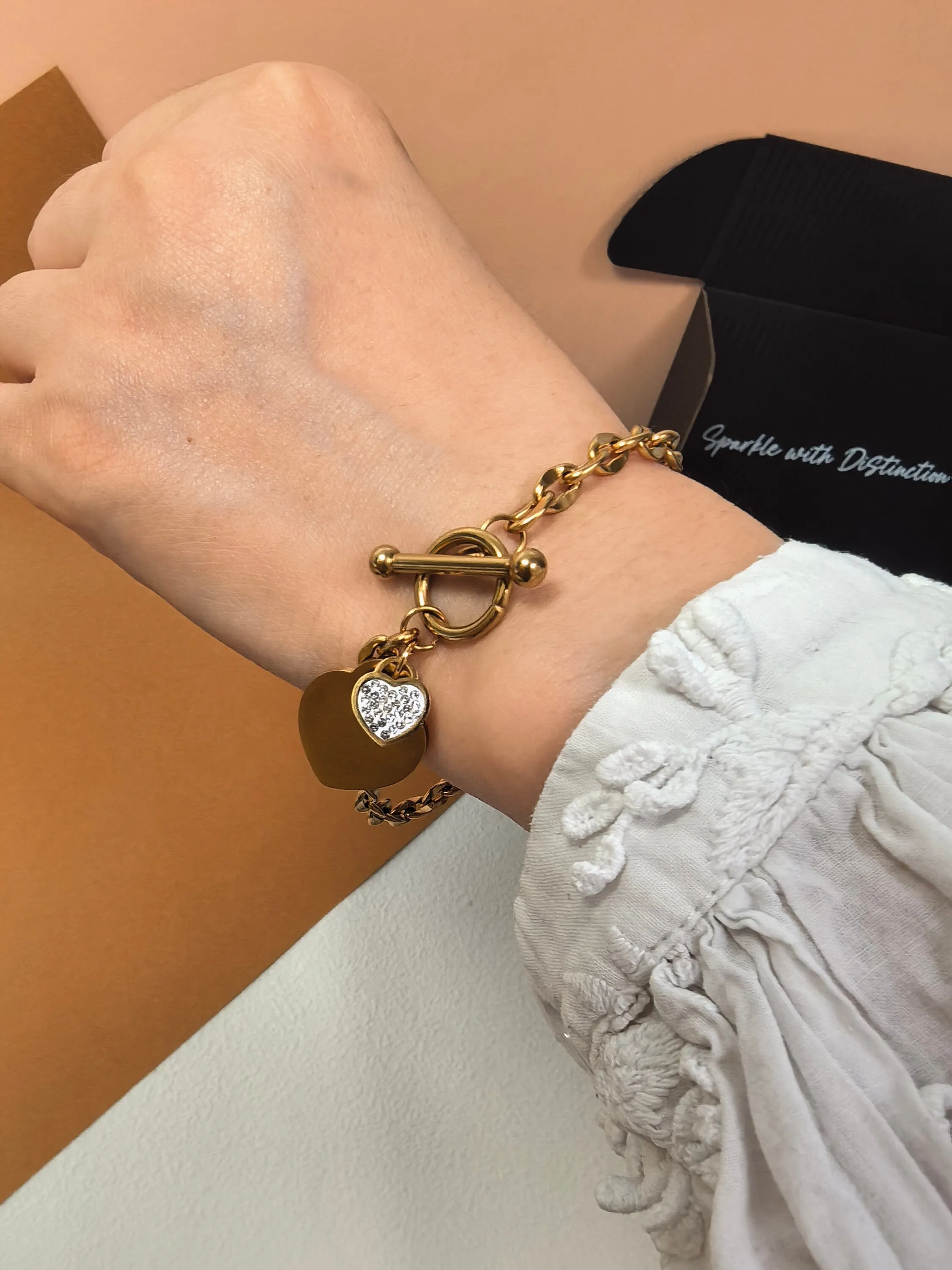Titanium Steel Chain Link Rhinestone Love Heart Charm Toggle Bracelet
