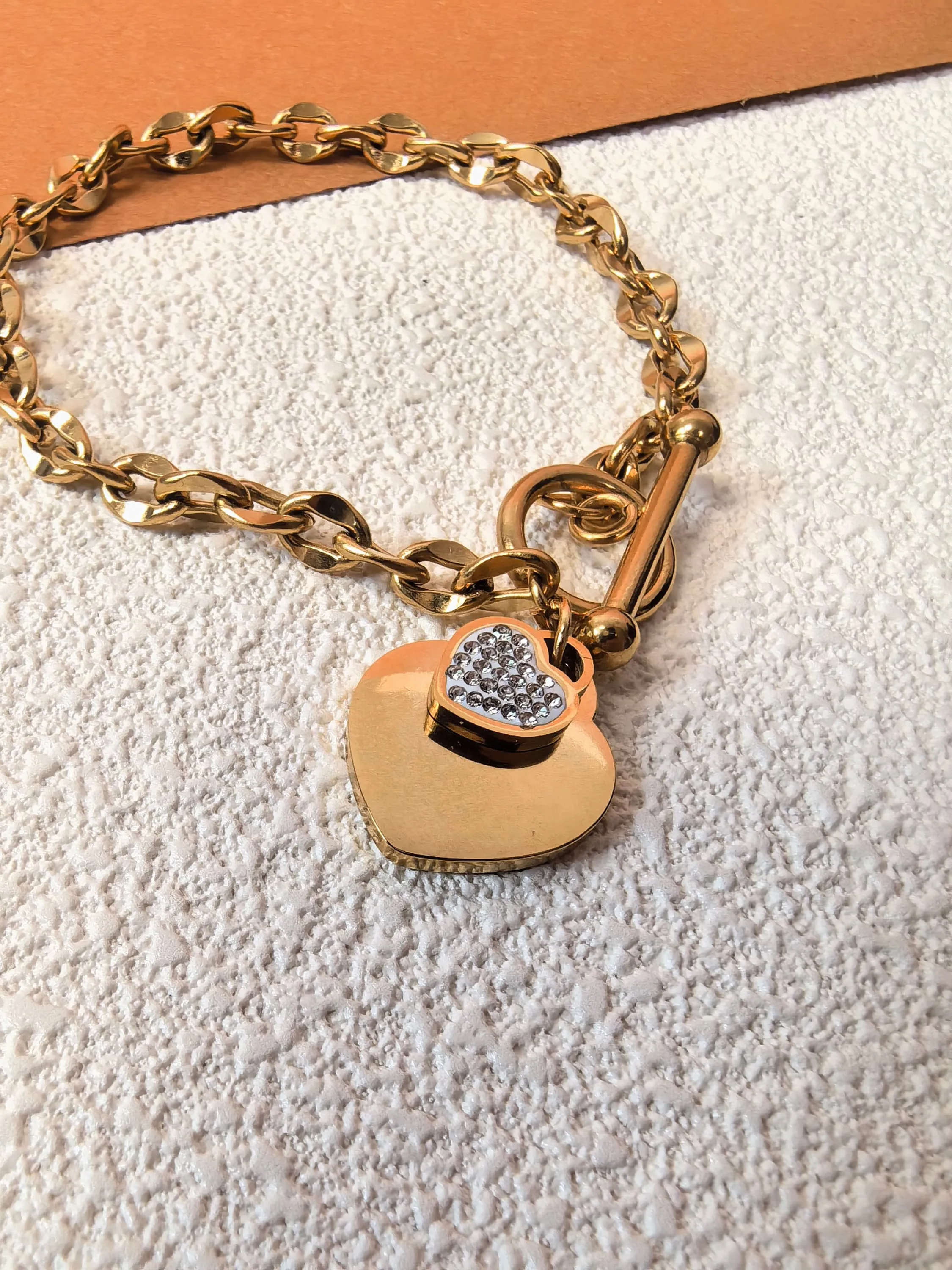 Titanium Steel Chain Link Rhinestone Love Heart Charm Toggle Bracelet