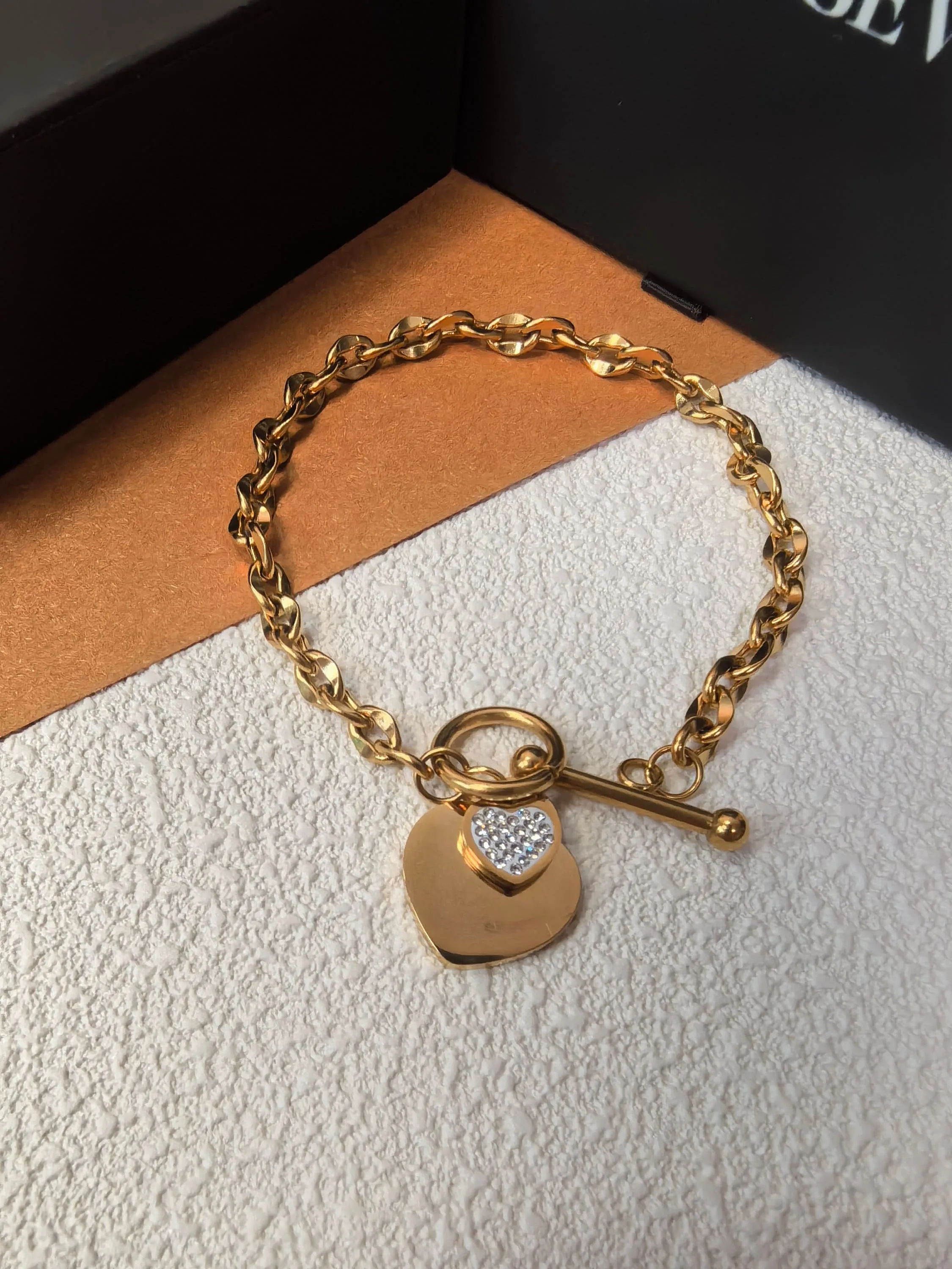 Titanium Steel Chain Link Rhinestone Love Heart Charm Toggle Bracelet